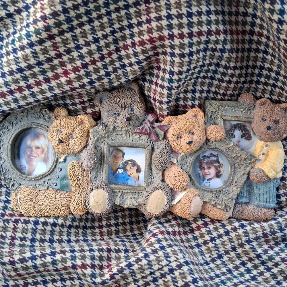 Vtg 90s Teddy Bear Multi Photo Frame Resin Rustic Cottagecore Butter Mom